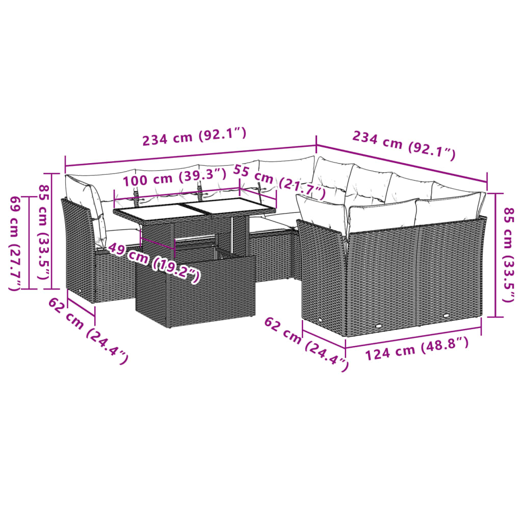 9-teiliges Gartensofa-Set mit Kissen, grau, Polyrattan