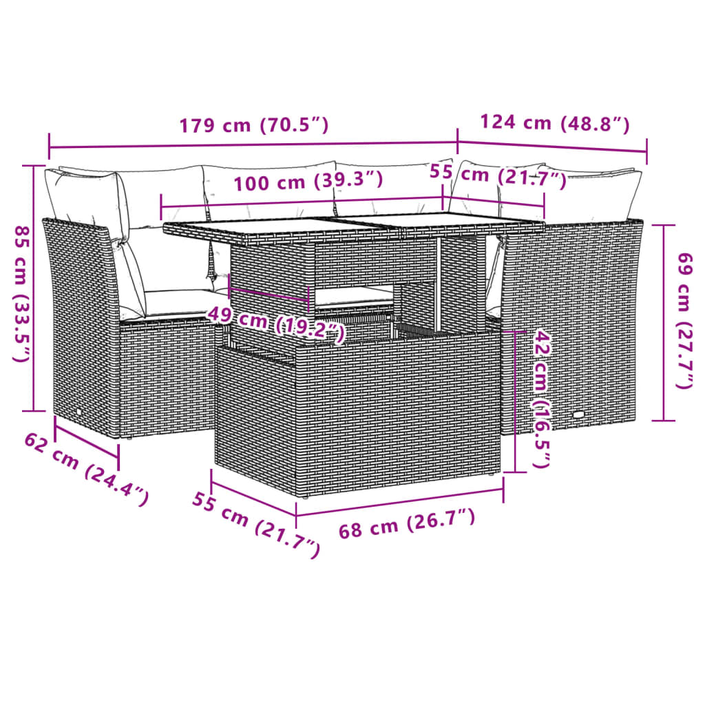 5-teiliges Gartensofa-Set mit Kissen, grau, Polyrattan