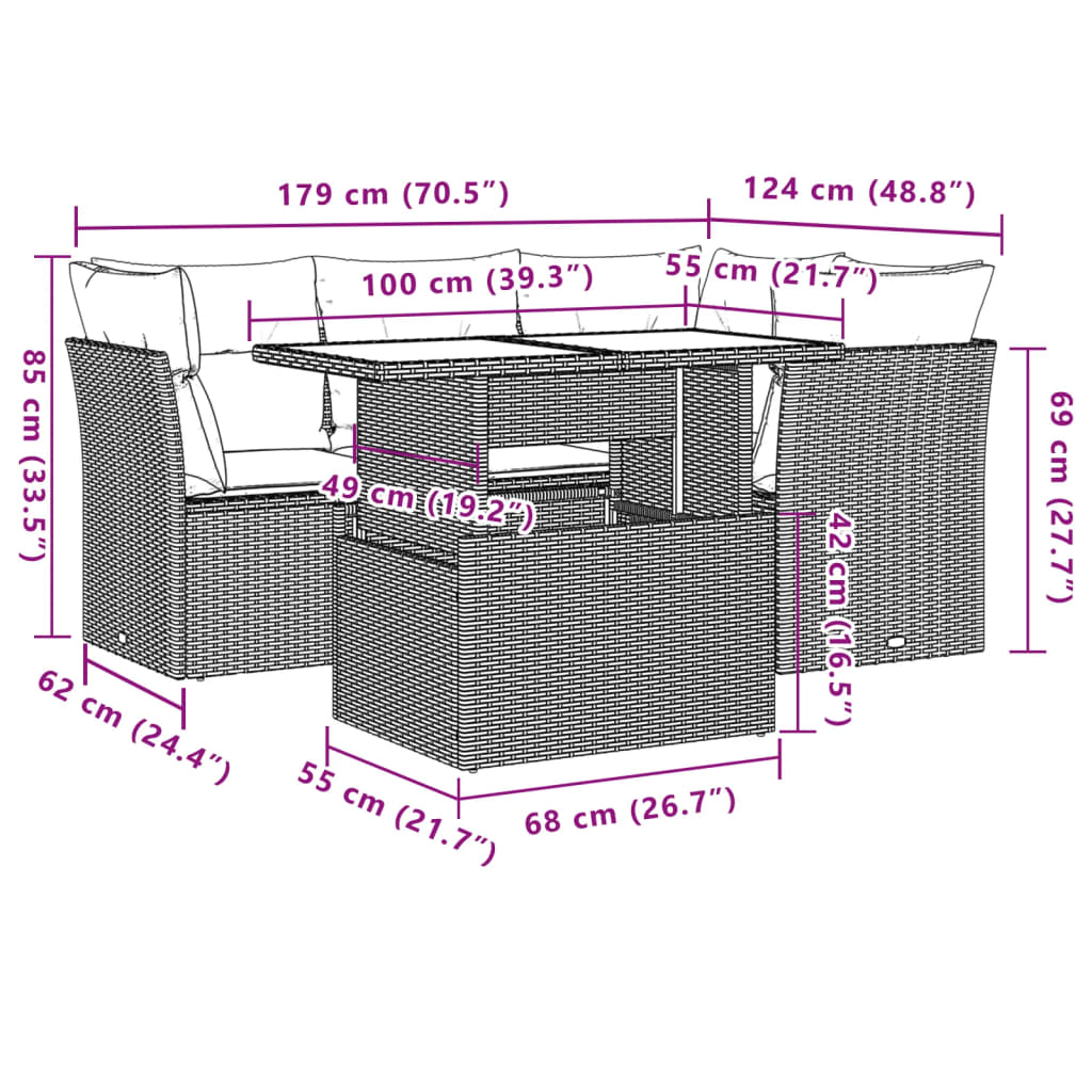 5-teiliges Gartensofa-Set mit Kissen, braun, Polyrattan