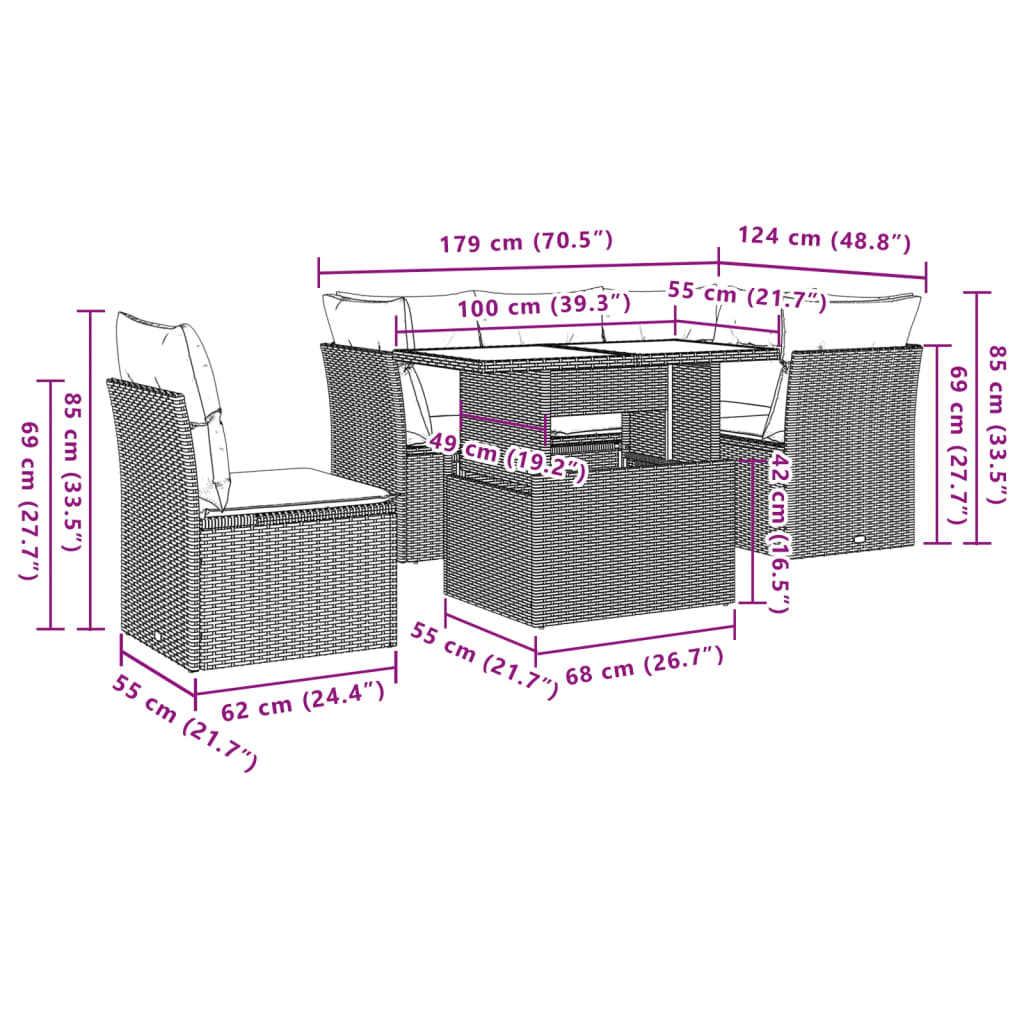 6-teiliges Gartensofa-Set mit Kissen, grau, Polyrattan