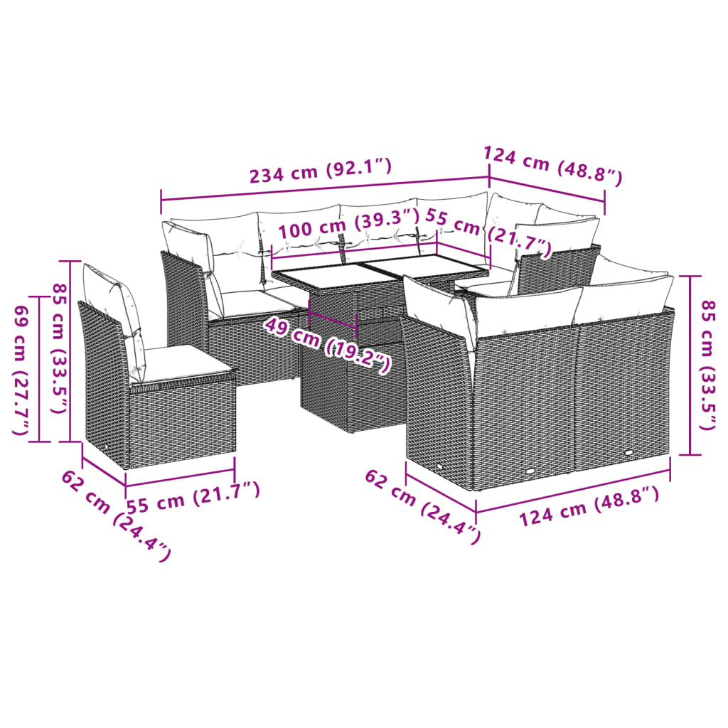 9-teiliges Gartensofa-Set mit Kissen, braun, Polyrattan