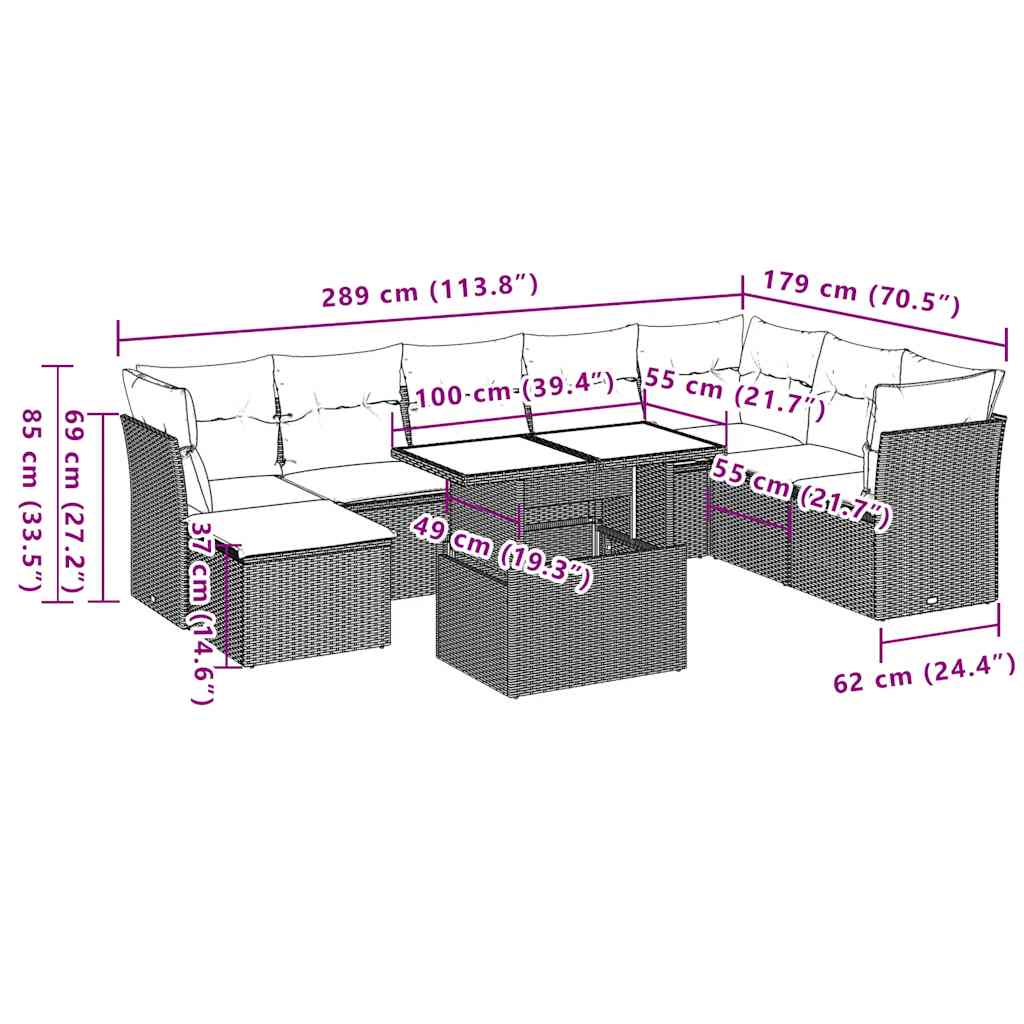 9-tlg. Garten-Sofagarnitur mit Kissen Schwarz Poly Rattan