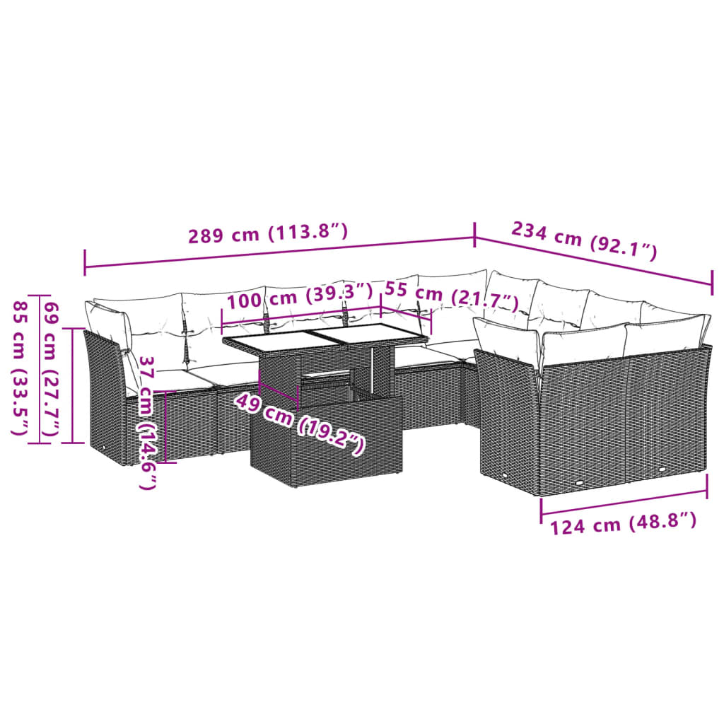 10-teiliges Gartensofa-Set mit Kissen, braun, Polyrattan