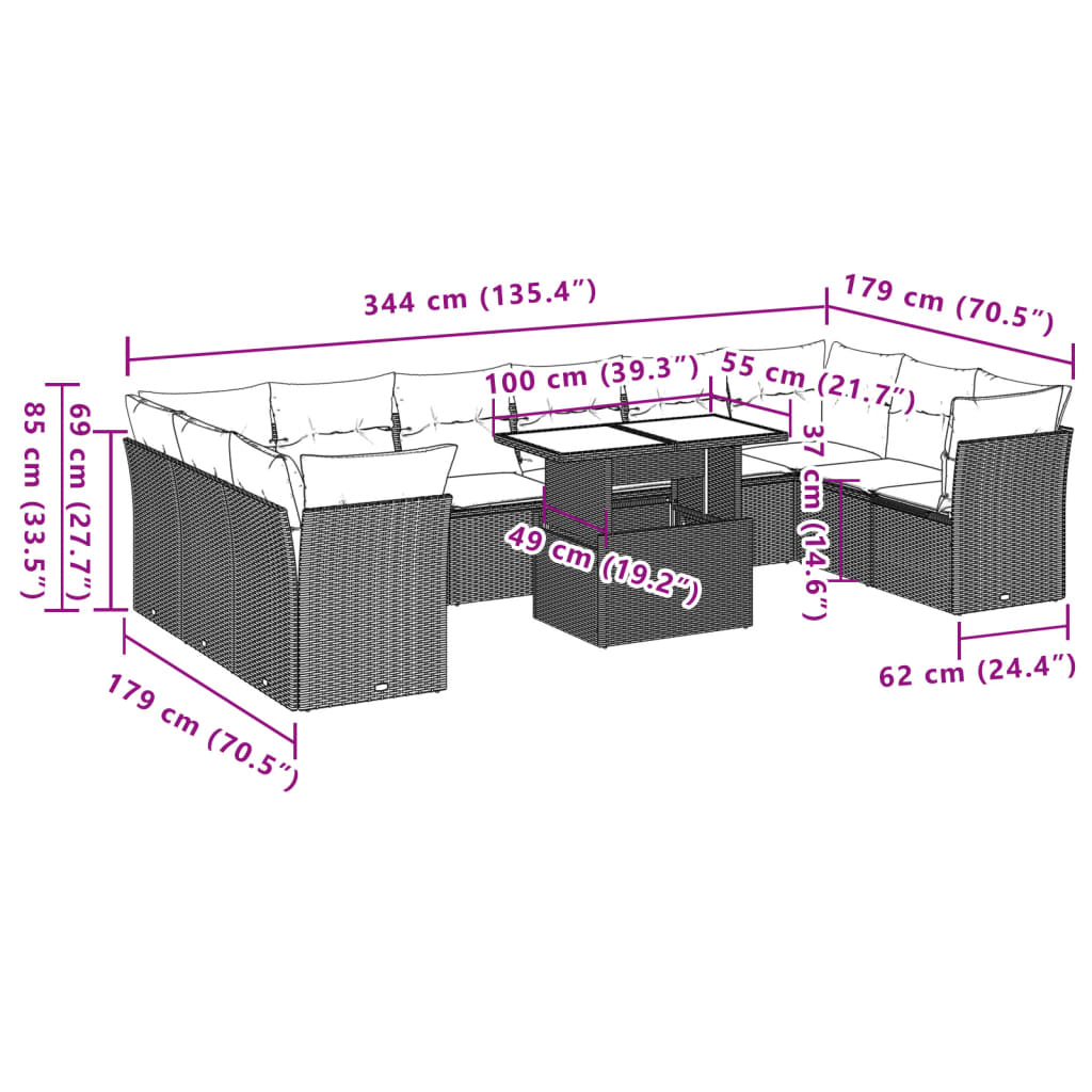 11-teiliges Gartensofa-Set mit Kissen, grau, Polyrattan