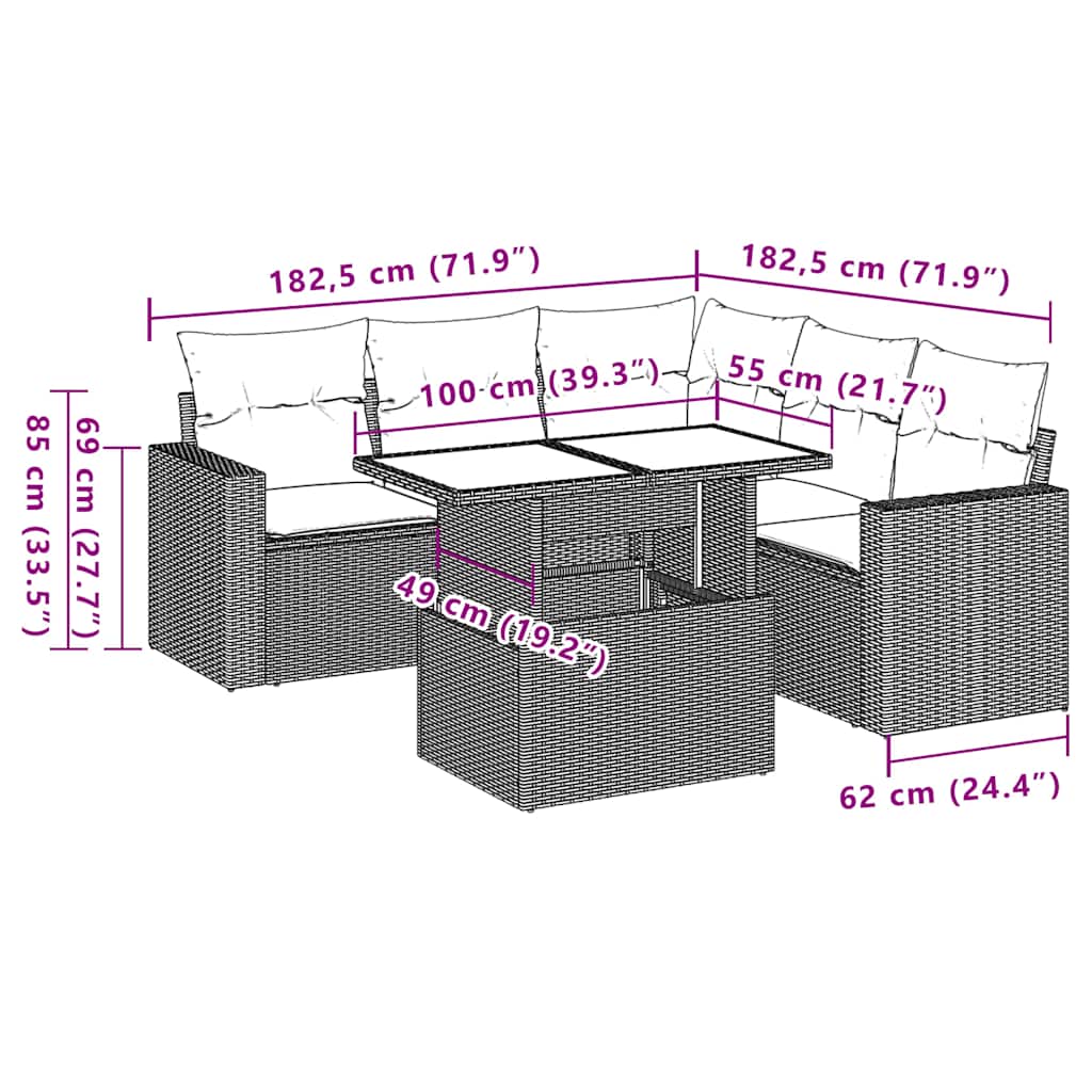 6-teiliges Gartensofa-Set mit Kissen, braun, Polyrattan