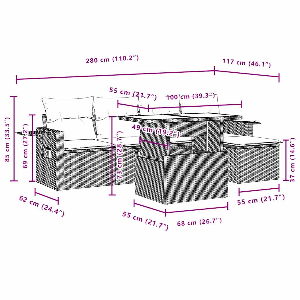 6-teiliges Gartensofa-Set mit Kissen, braun, Polyrattan