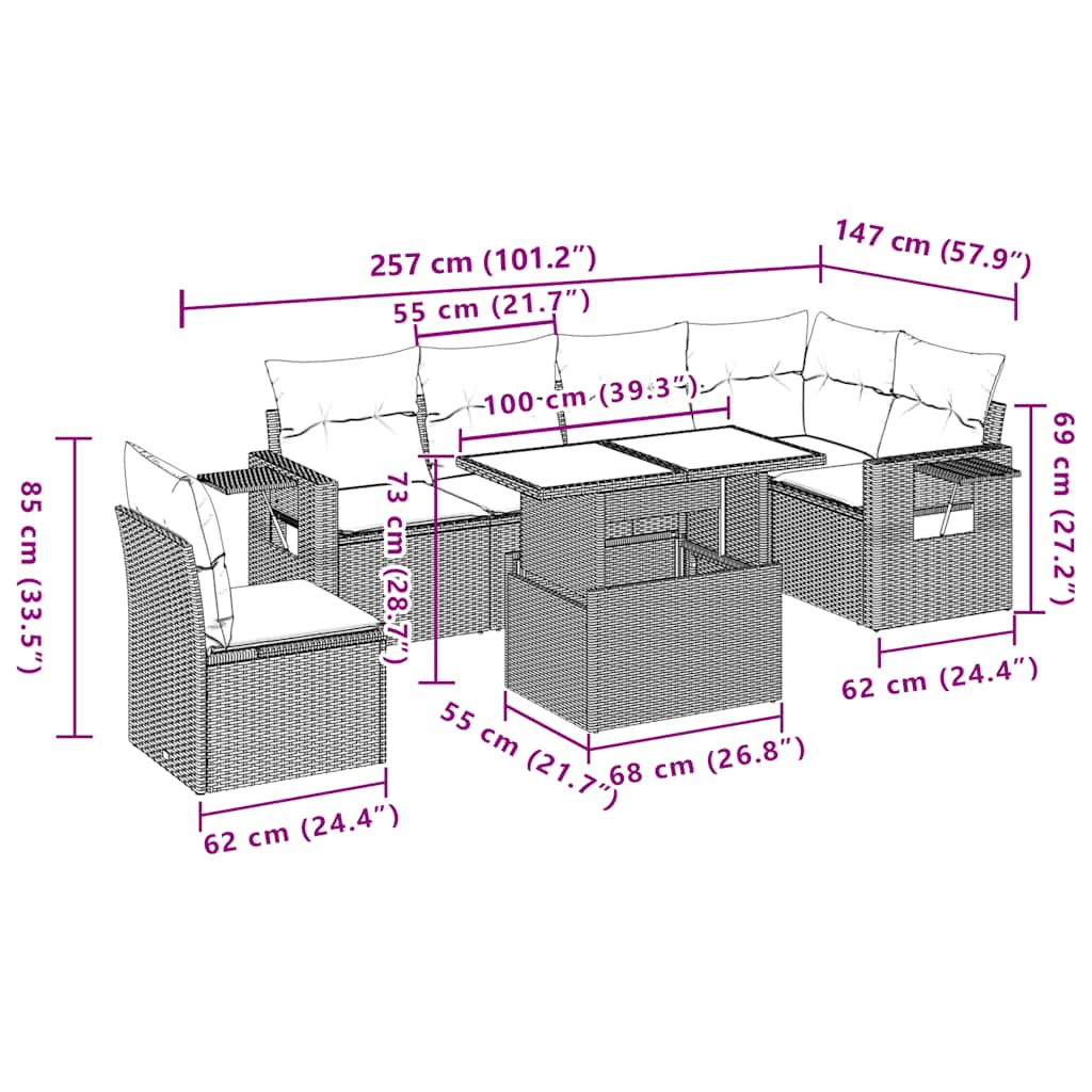 7-teiliges Gartensofa-Set mit Kissen, braun, Polyrattan