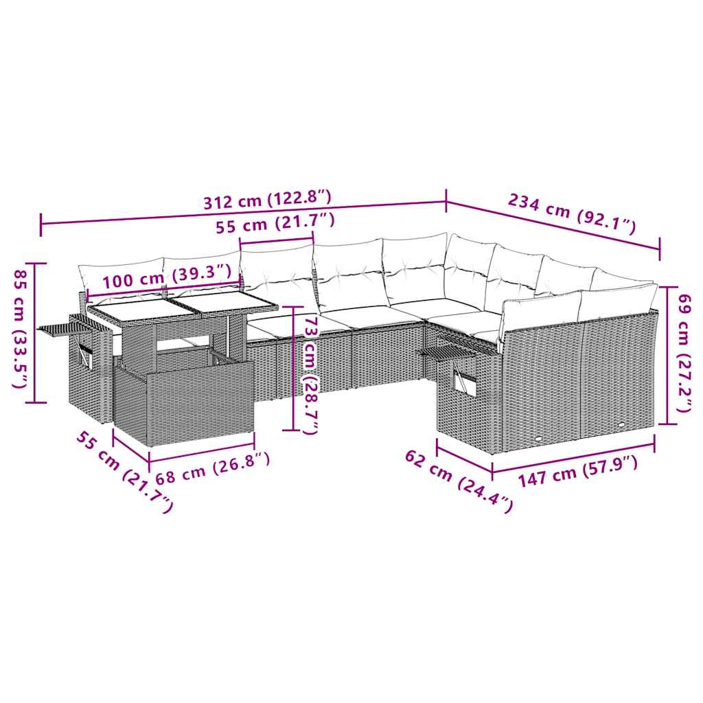 10-teiliges Gartensofa-Set mit Kissen, grau, Polyrattan