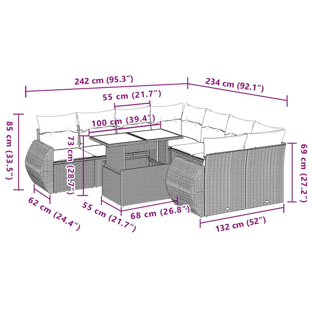 9-tlg. Garten-Sofagarnitur mit Kissen Beige Poly Rattan