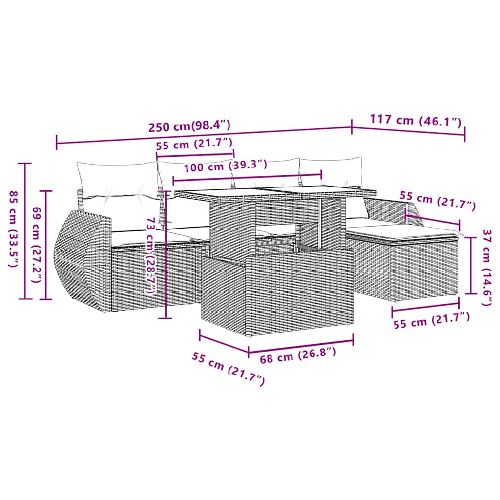 6-teiliges Gartensofa-Set mit Kissen, braun, Polyrattan
