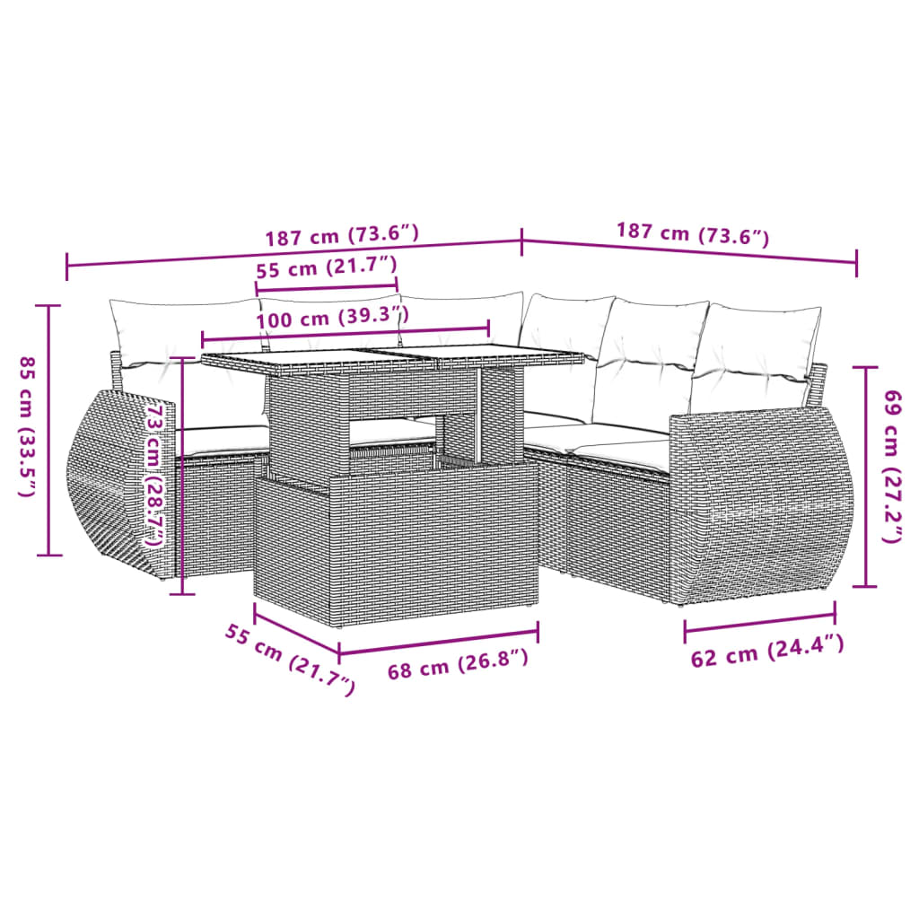 6-tlg. Garten-Sofagarnitur mit Kissen Braun Poly Rattan