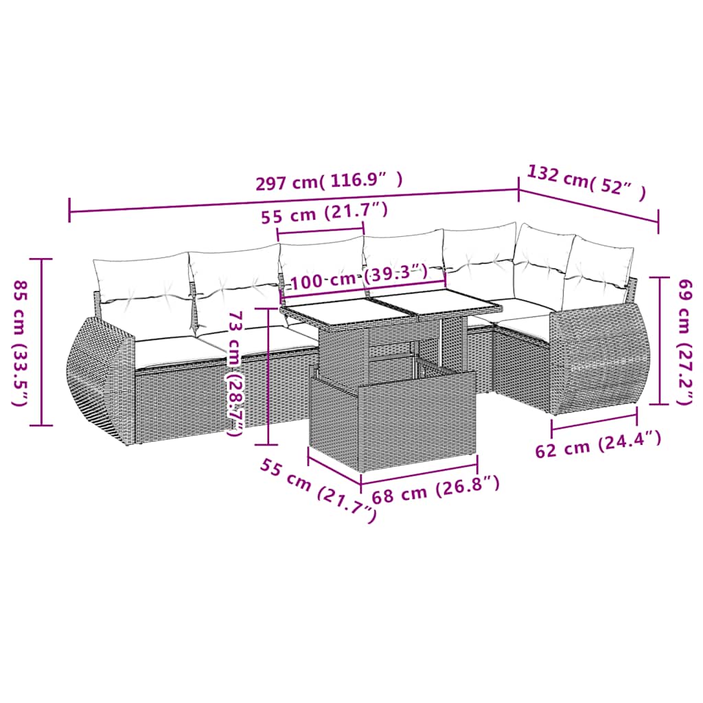 7-teiliges Gartensofa-Set mit Kissen, grau, Polyrattan