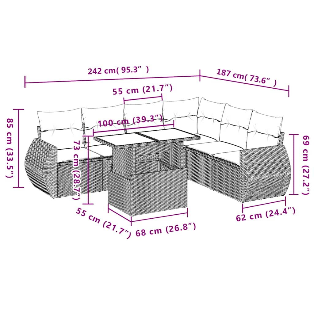 7-teiliges Gartensofa-Set mit Kissen, braun, Polyrattan