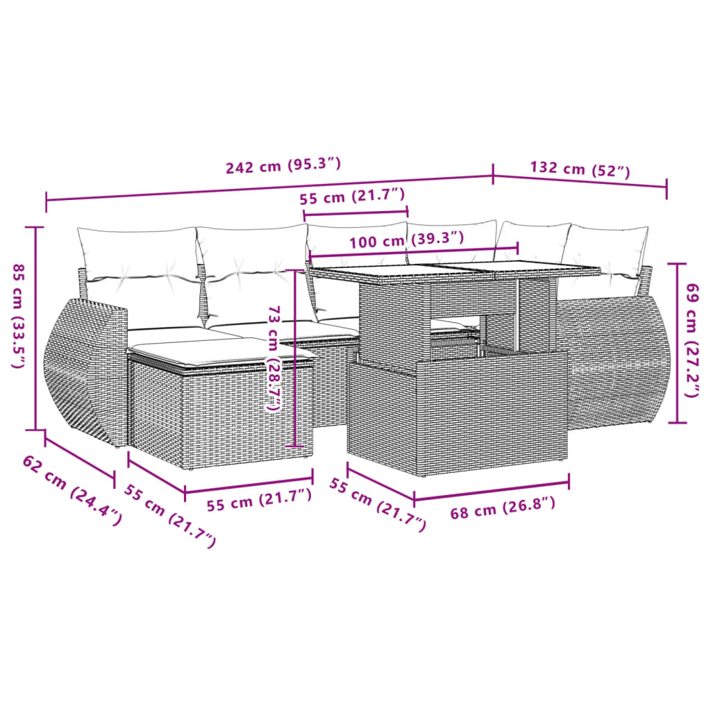 7-tlg. Garten-Sofagarnitur mit Kissen Braun Poly Rattan