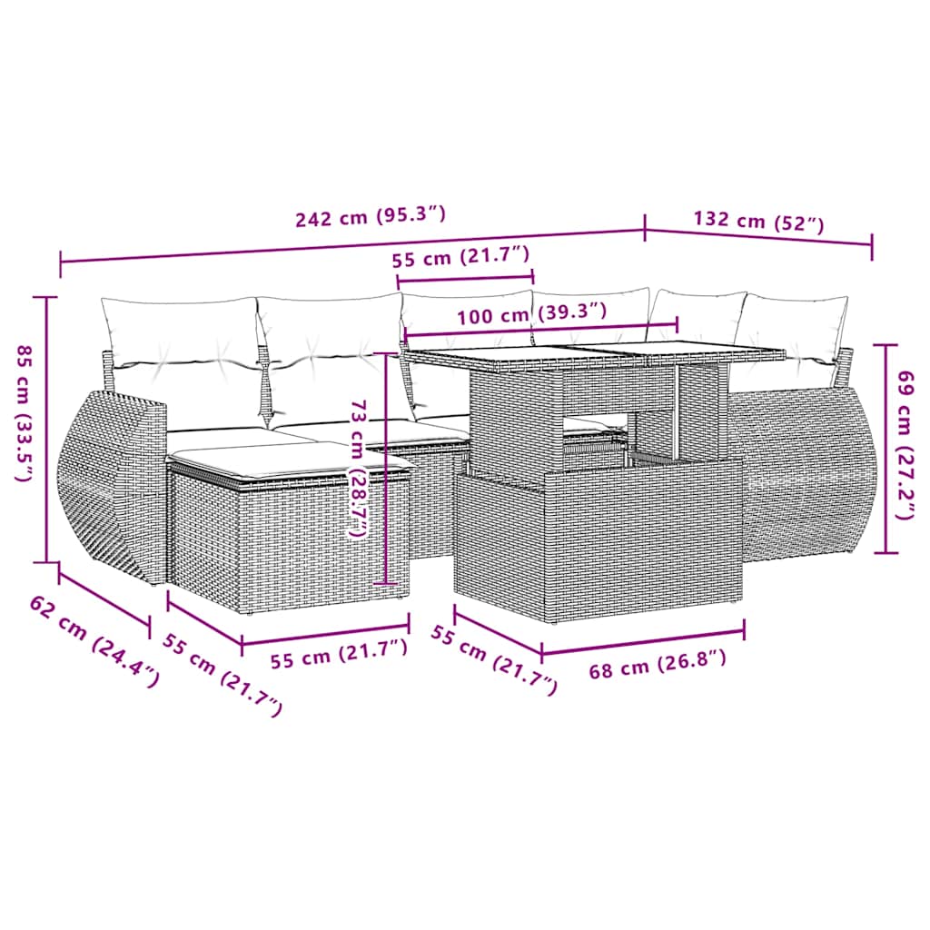 7-teiliges Gartensofa-Set mit Kissen, braun, Polyrattan