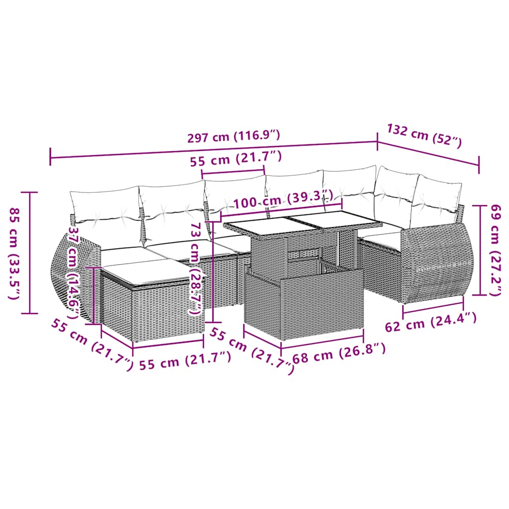 8-teiliges Gartensofa-Set mit Kissen, braun, Polyrattan