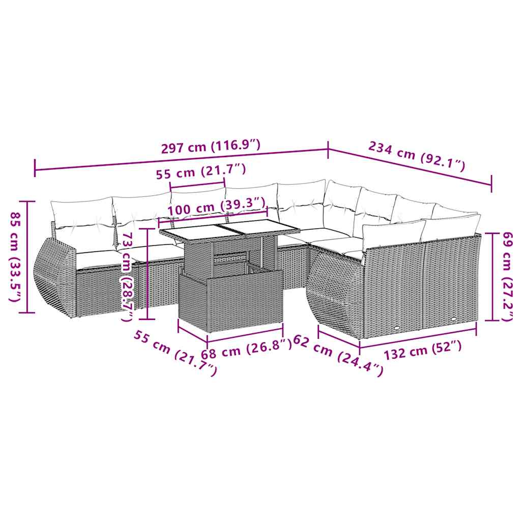10-teiliges Gartensofa-Set mit Kissen, braun, Polyrattan