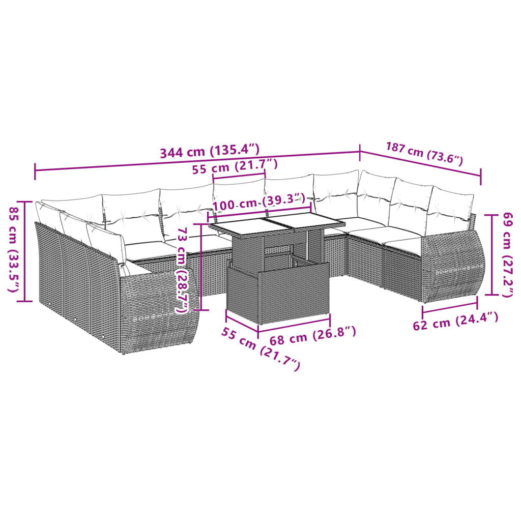 11-tlg. Garten-Sofagarnitur mit Kissen Braun Poly Rattan