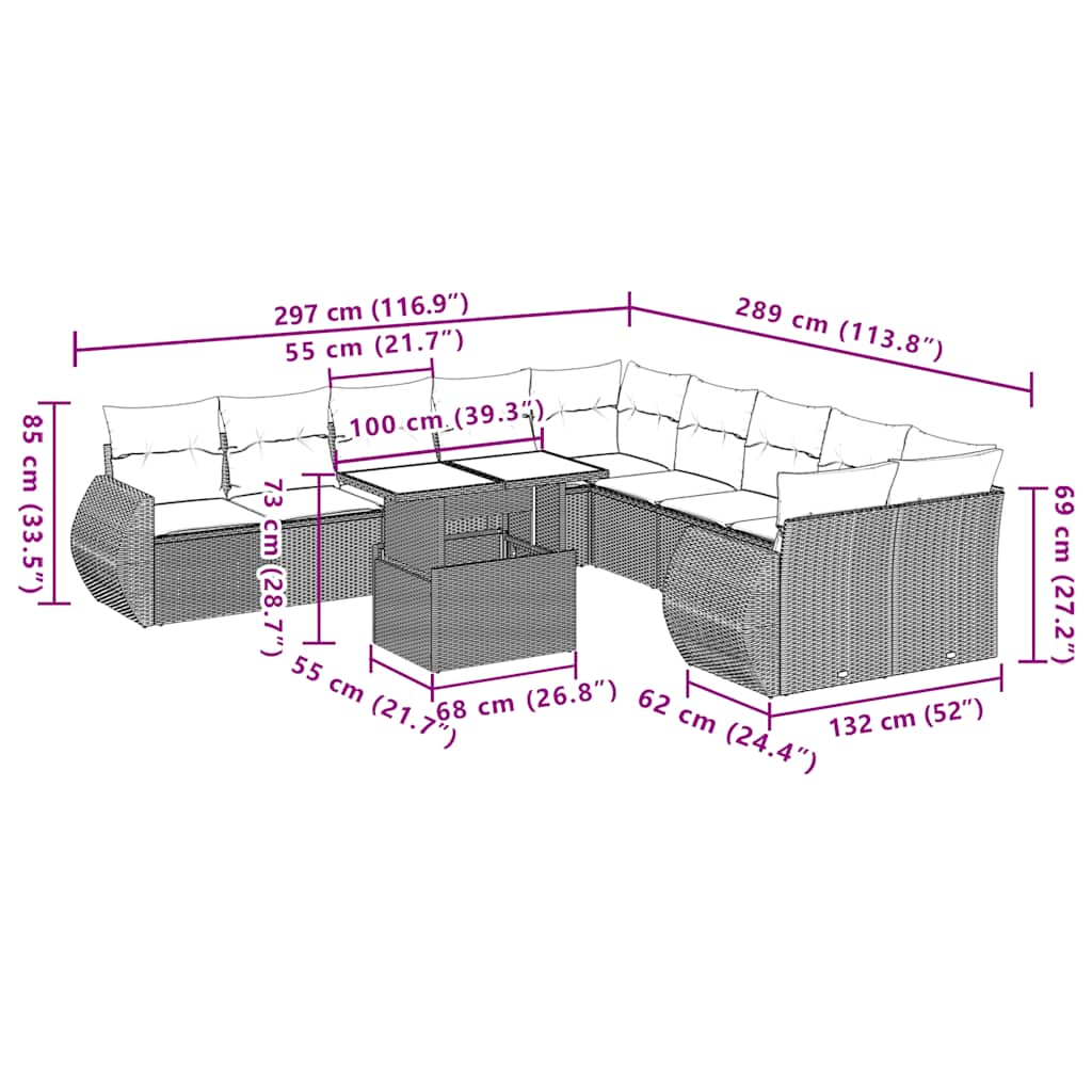 11-teiliges Gartensofa-Set mit Kissen, grau, Polyrattan