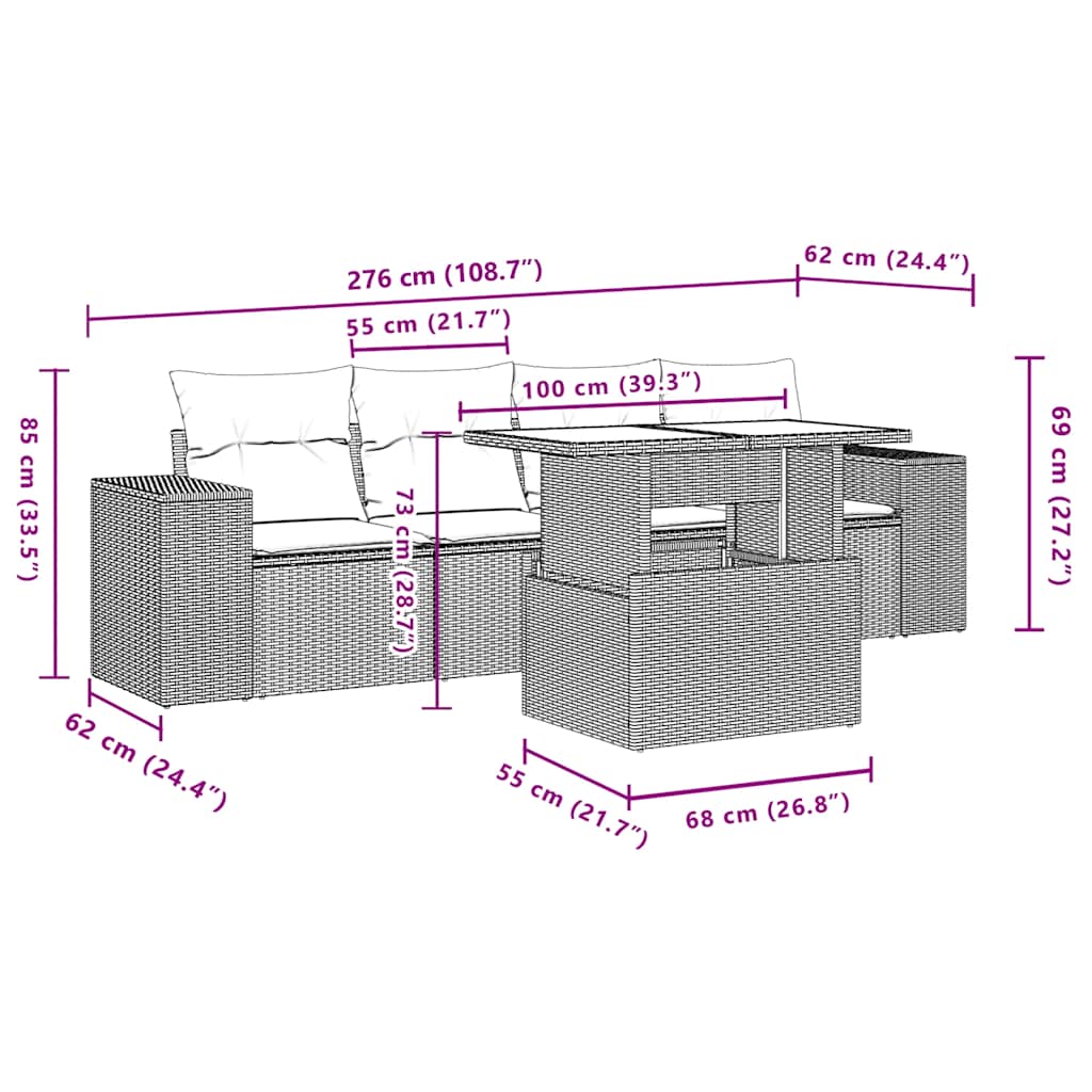 5-teiliges Gartensofa-Set mit Kissen, grau, Polyrattan