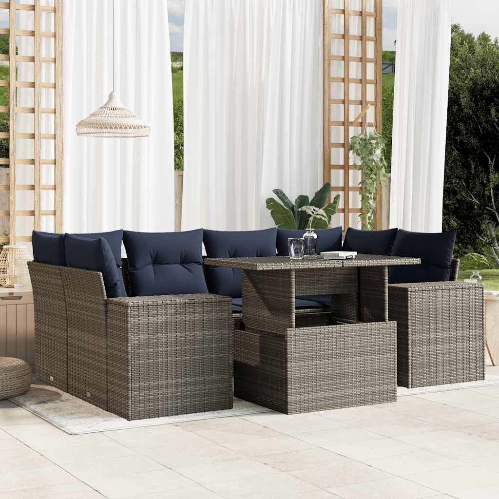 7-tlg. Garten-Sofagarnitur mit Kissen Grau Poly Rattan