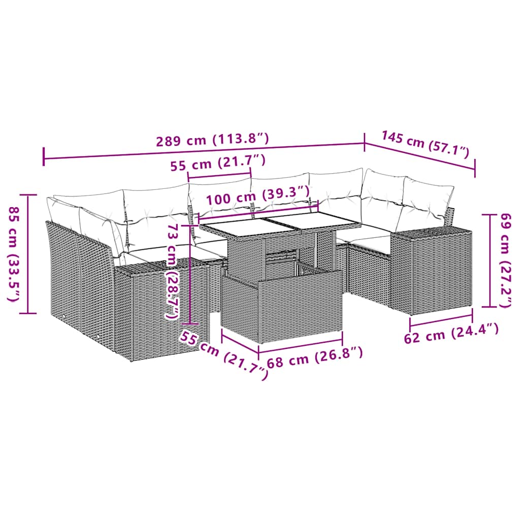 8-teiliges Gartensofa-Set mit Kissen, braun, Polyrattan