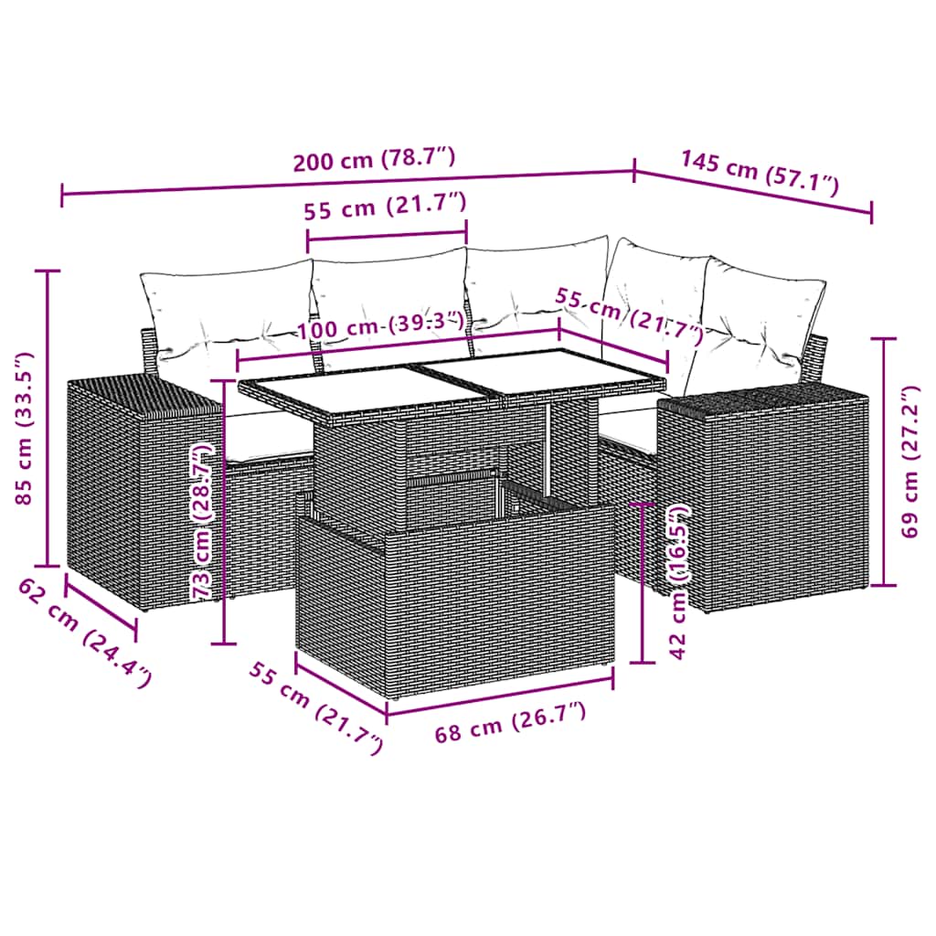5-teiliges Gartensofa-Set mit Kissen, braun, Polyrattan