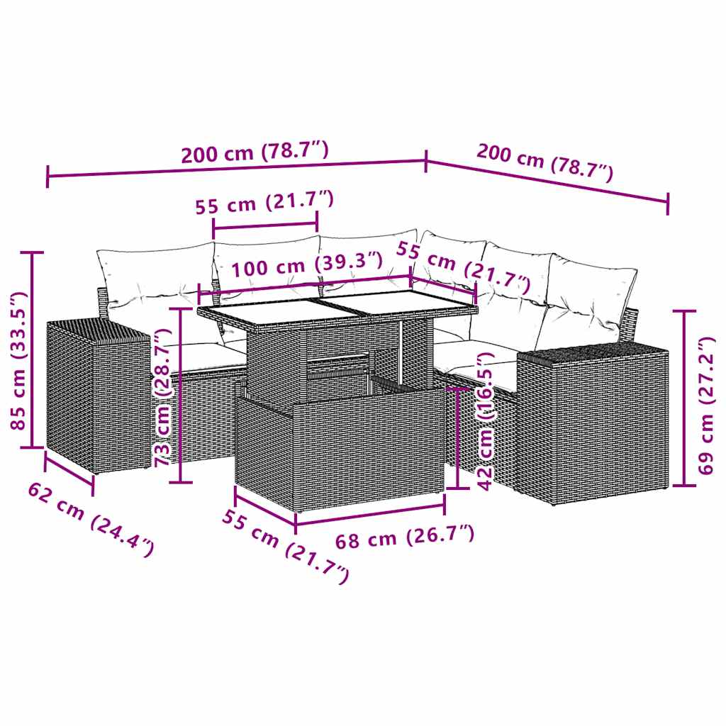 6-teiliges Gartensofa-Set mit Kissen, grau, Polyrattan