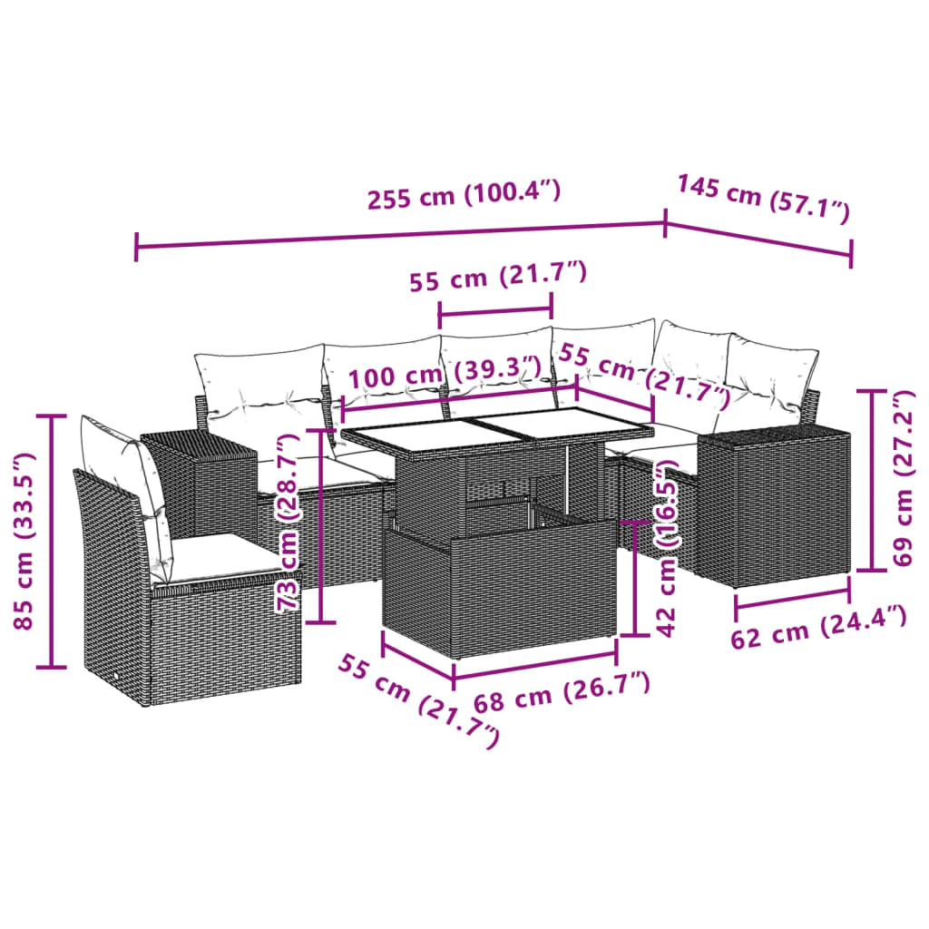 7-tlg. Garten-Sofagarnitur mit Kissen Braun Poly Rattan