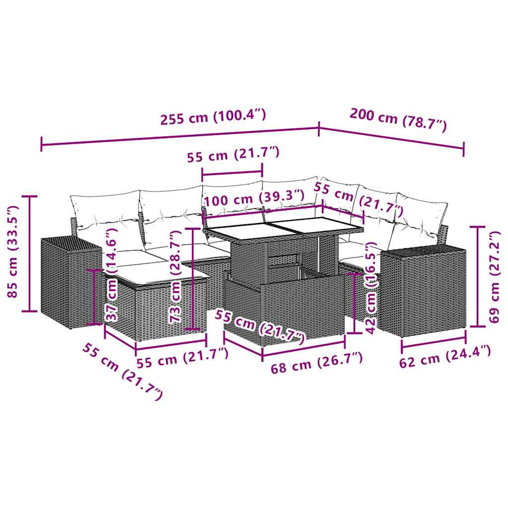 8-teiliges Gartensofa-Set mit Kissen, braun, Polyrattan