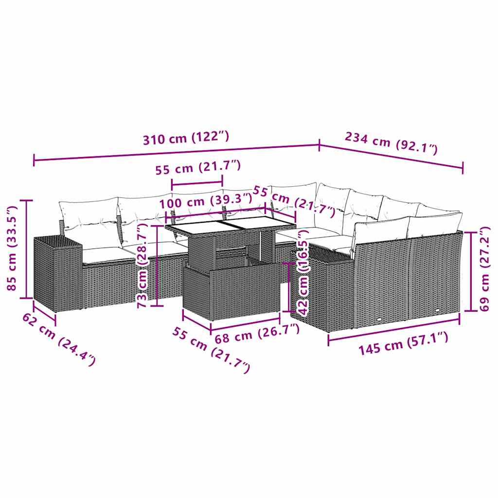 10-teiliges Gartensofa-Set mit Kissen, braun, Polyrattan