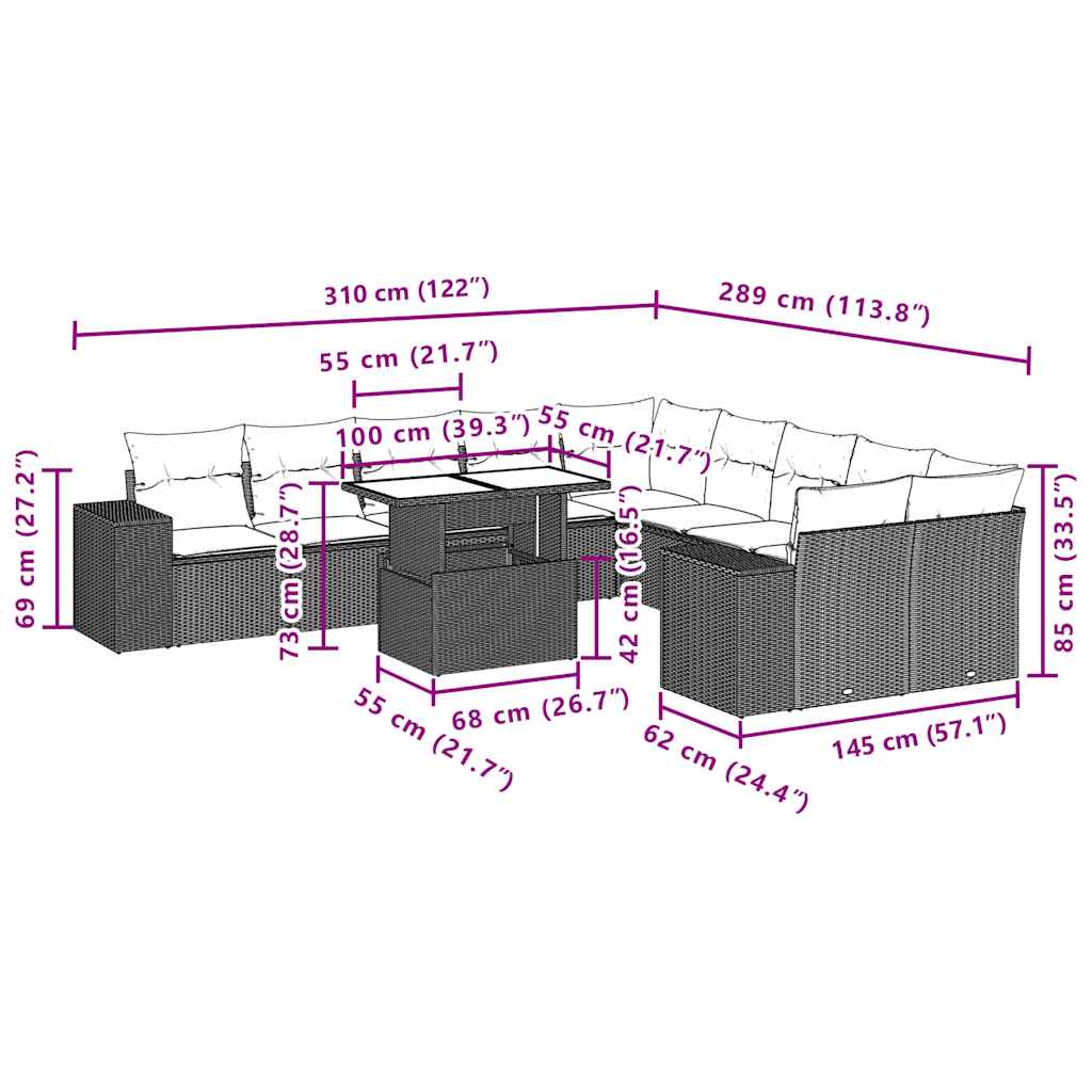 11-teiliges Gartensofa-Set mit Kissen, braun, Polyrattan