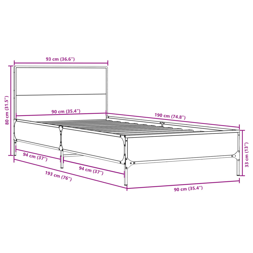 Bettgestell Sonoma-Eiche 90x190 cm Holzwerkstoff und Metall