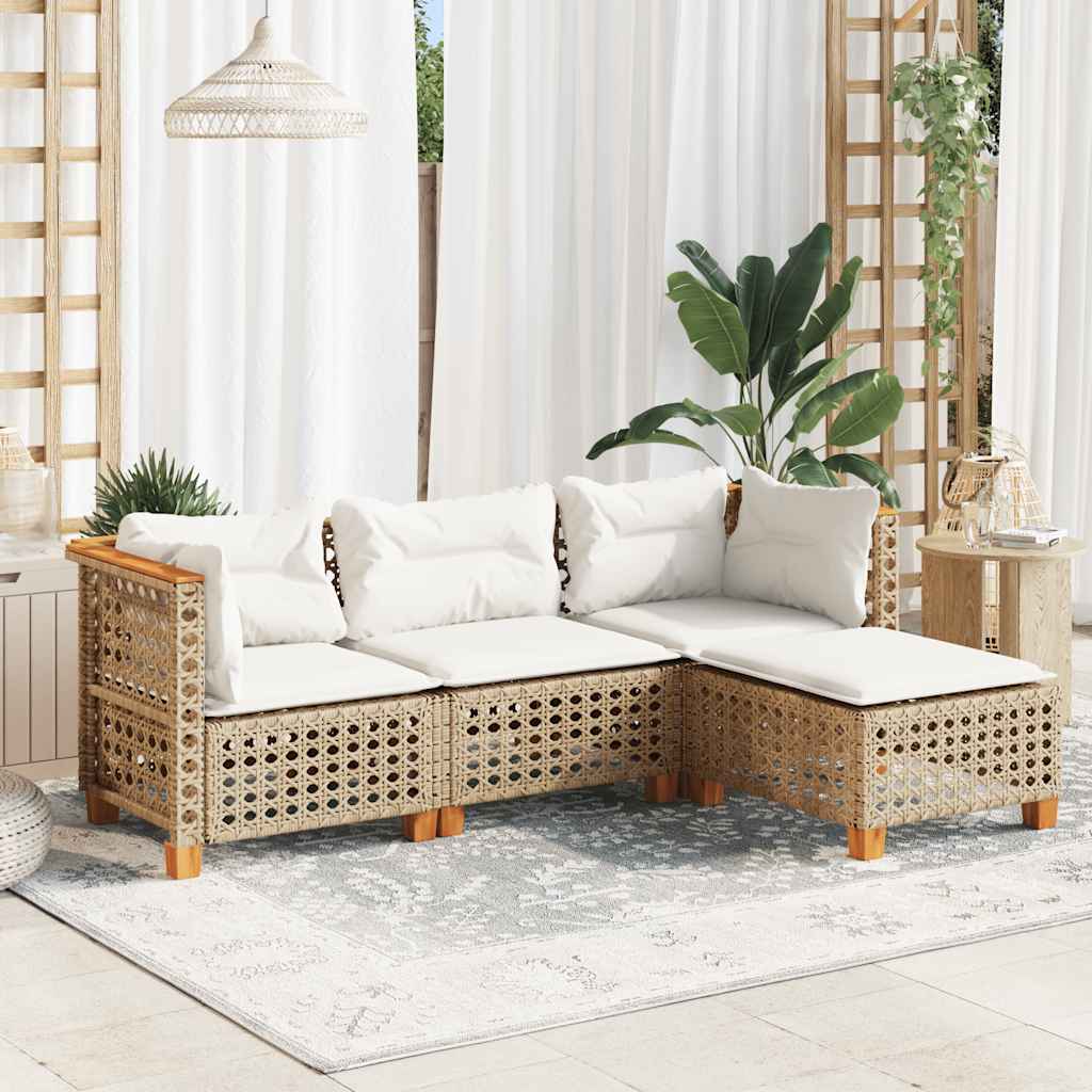 4-tlg. Garten-Sofagarnitur mit Kissen Beige Poly Rattan