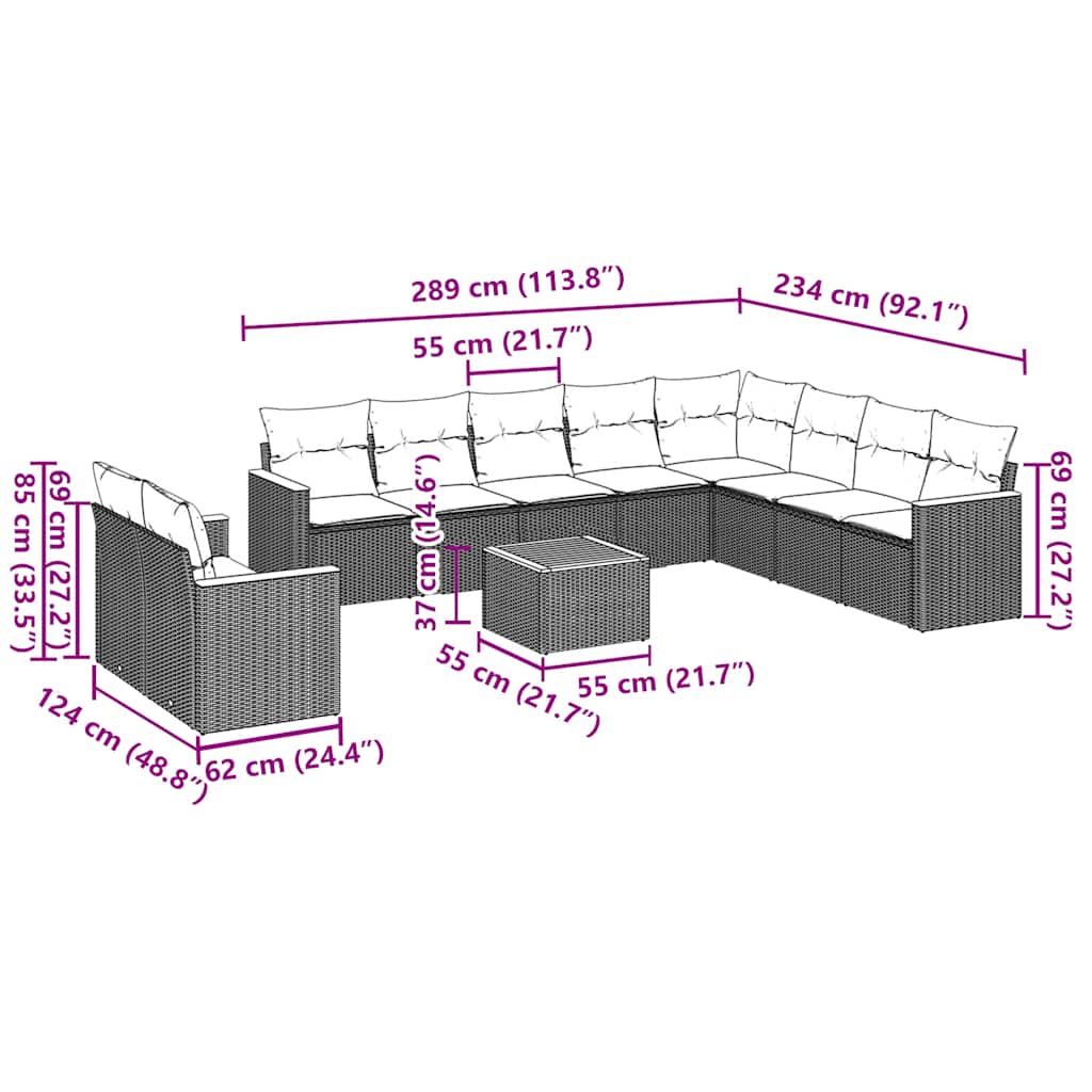 11-tlg. Garten-Sofagarnitur mit Kissen Schwarz Poly Rattan