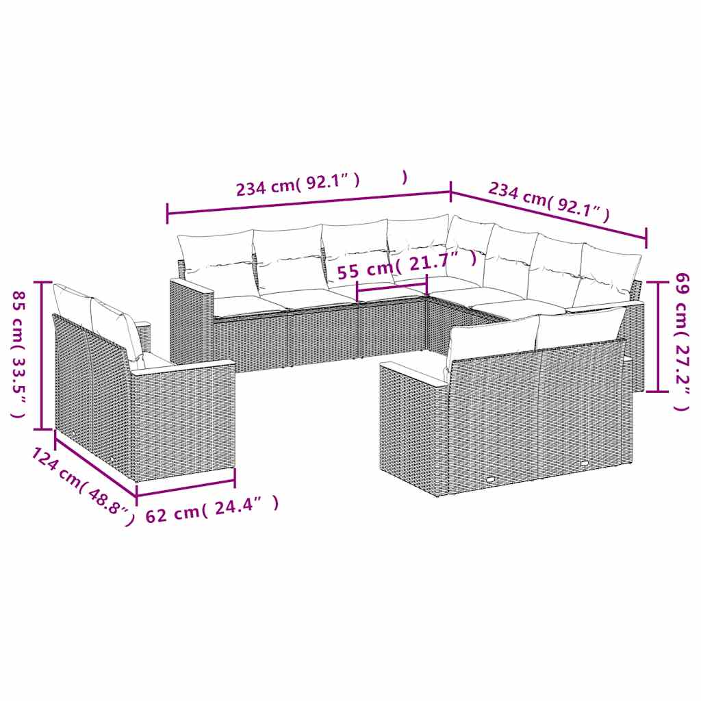 11-tlg. Garten-Sofagarnitur mit Kissen Schwarz Poly Rattan