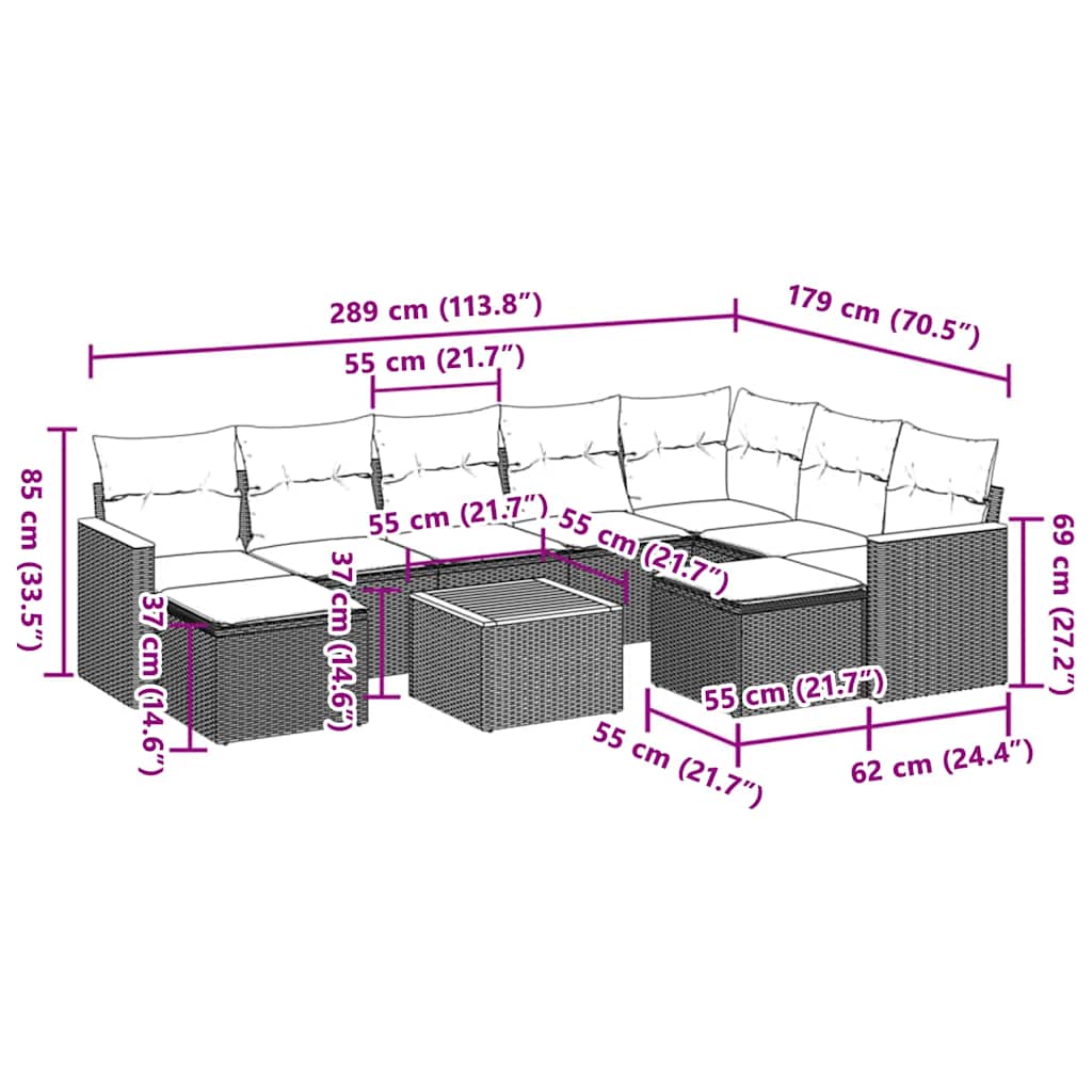 10-tlg. Garten-Sofagarnitur mit Kissen Schwarz Poly Rattan