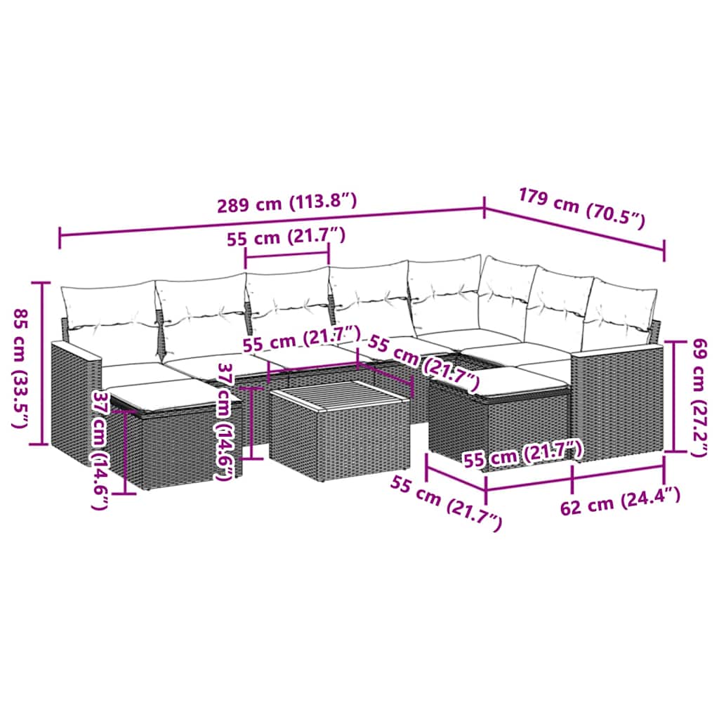 10-tlg. Garten-Sofagarnitur mit Kissen Beige Poly Rattan