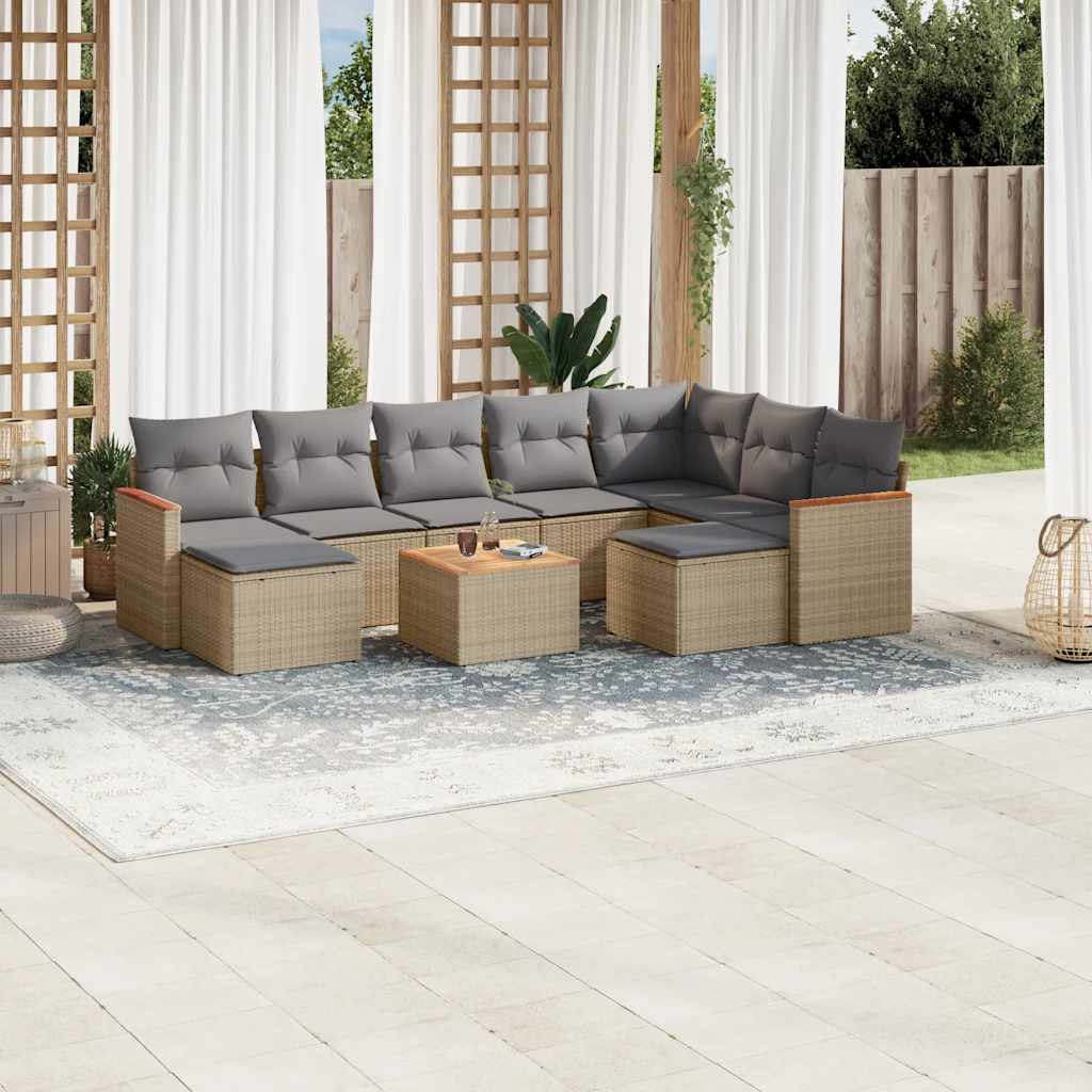 10-tlg. Garten-Sofagarnitur mit Kissen Beige Poly Rattan