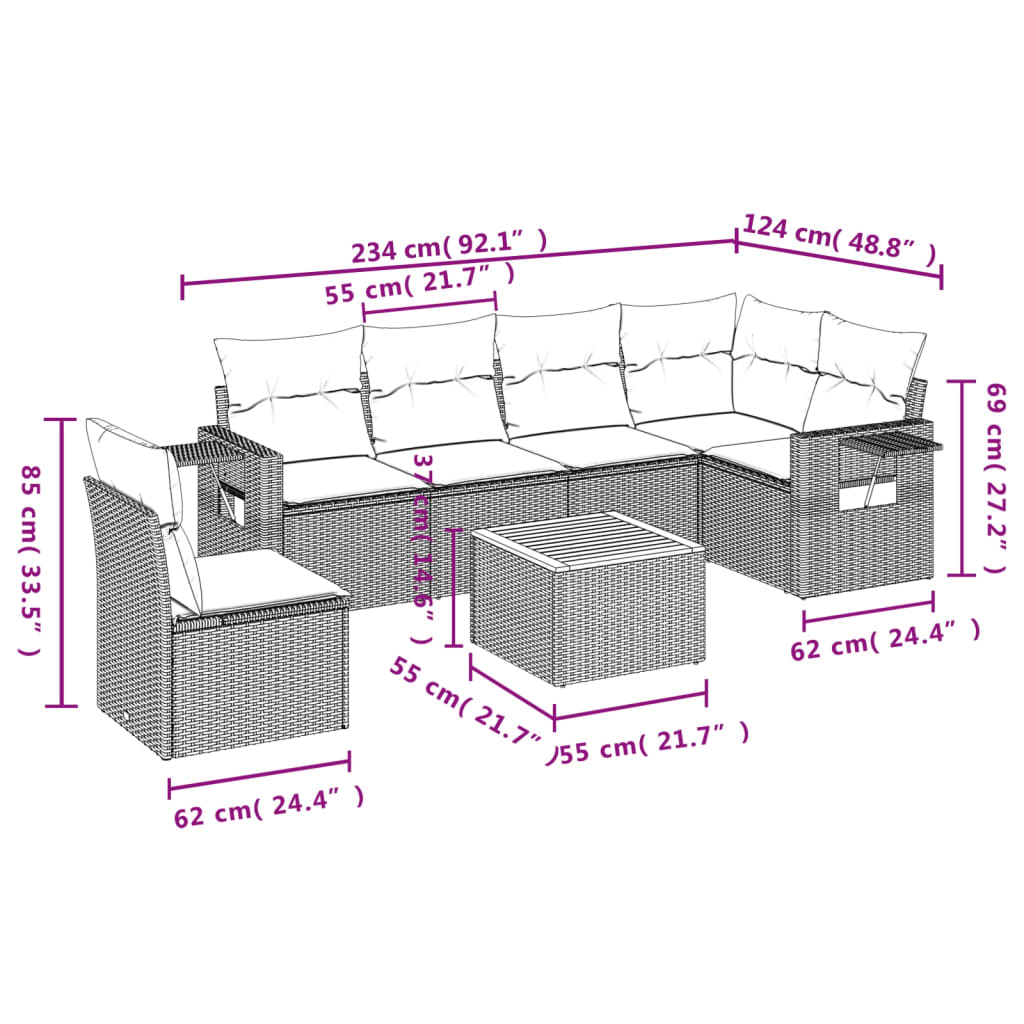 7-tlg. Garten-Sofagarnitur mit Kissen Grau Poly Rattan