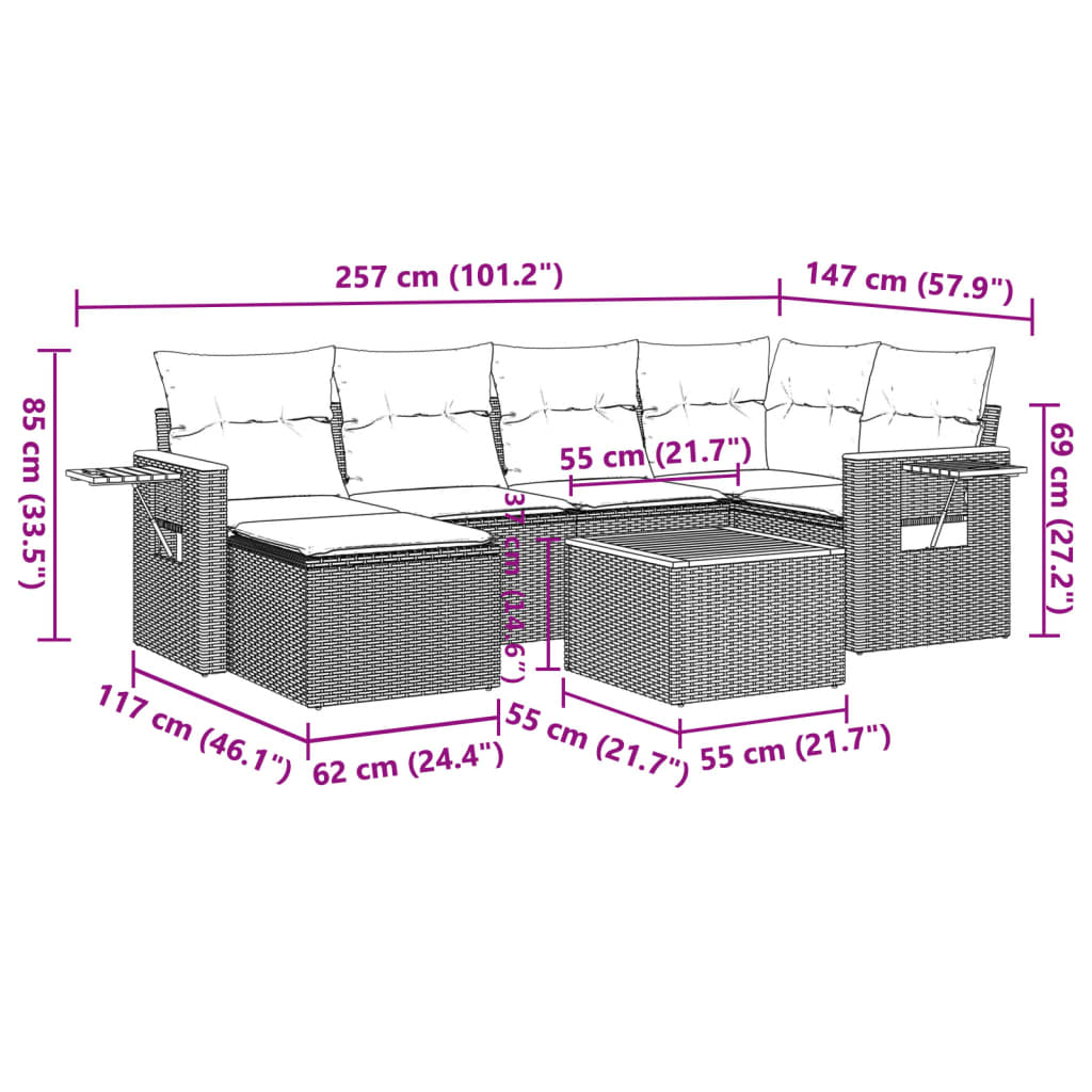 7-tlg. Garten-Sofagarnitur mit Kissen Schwarz Poly Rattan