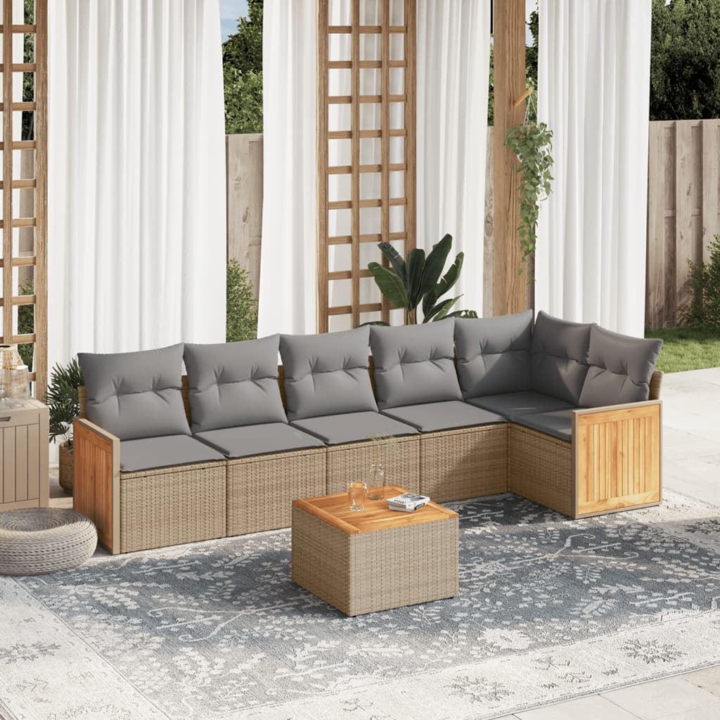 7-tlg. Garten-Sofagarnitur mit Kissen Beige Poly Rattan