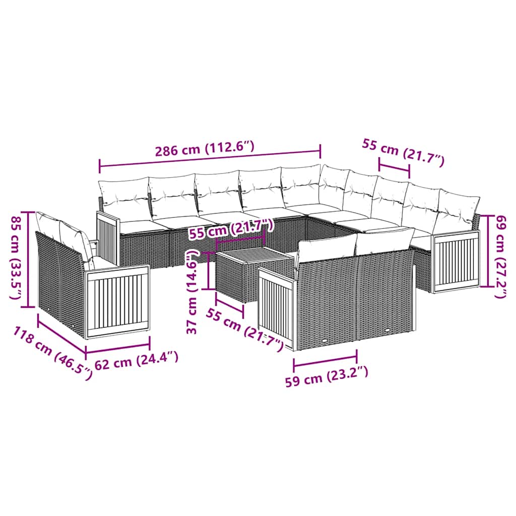 14-tlg. Garten-Sofagarnitur mit Kissen Schwarz Poly Rattan