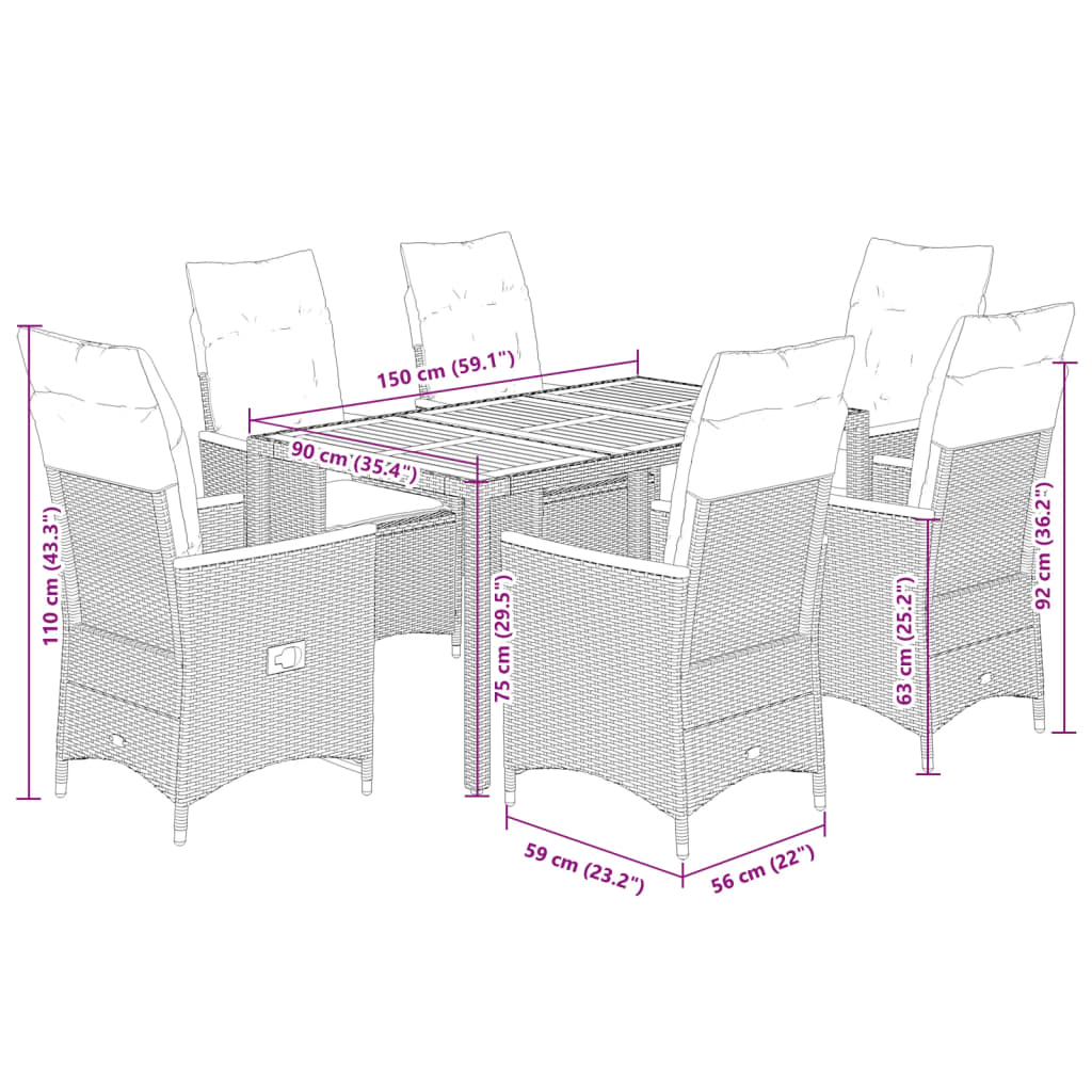 7-tlg. Garten-Essgruppe mit Kissen Grau Poly Rattan