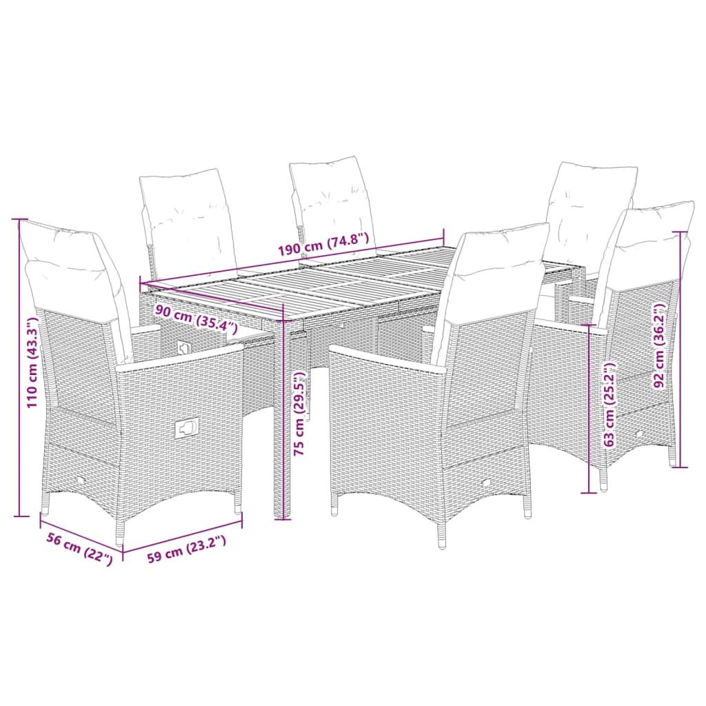7-tlg. Garten-Essgruppe mit Kissen Grau Poly Rattan