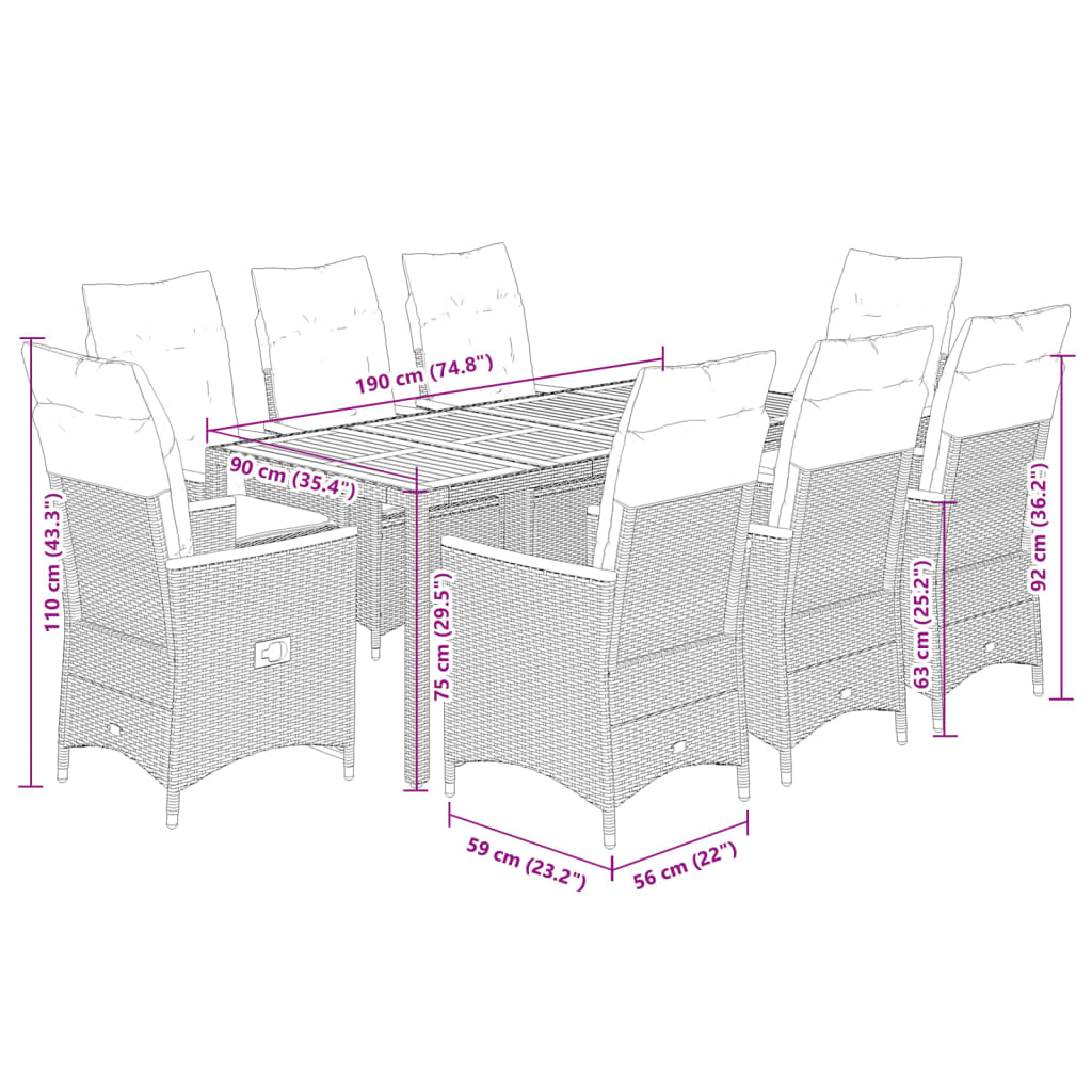 9-tlg. Garten-Essgruppe mit Kissen Grau Poly Rattan