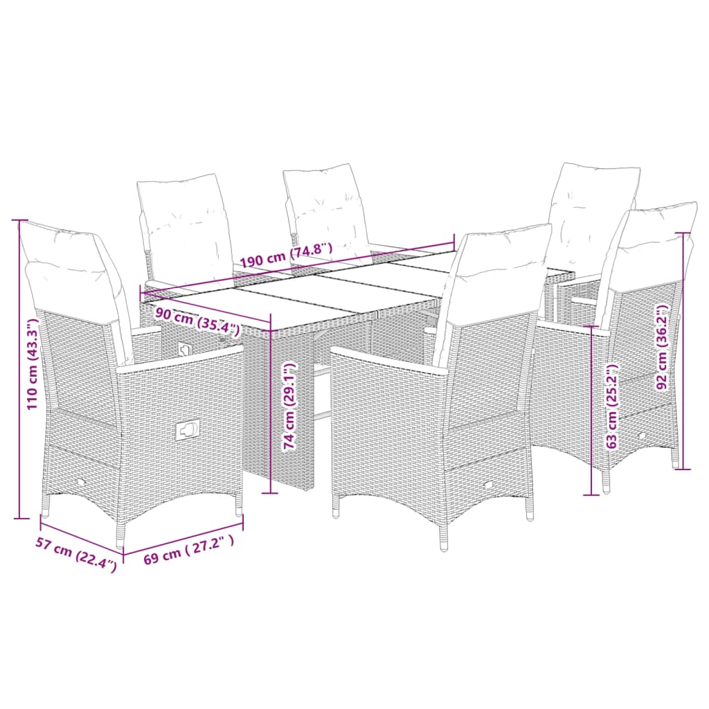 7-tlg. Garten-Essgruppe mit Kissen Grau Poly Rattan