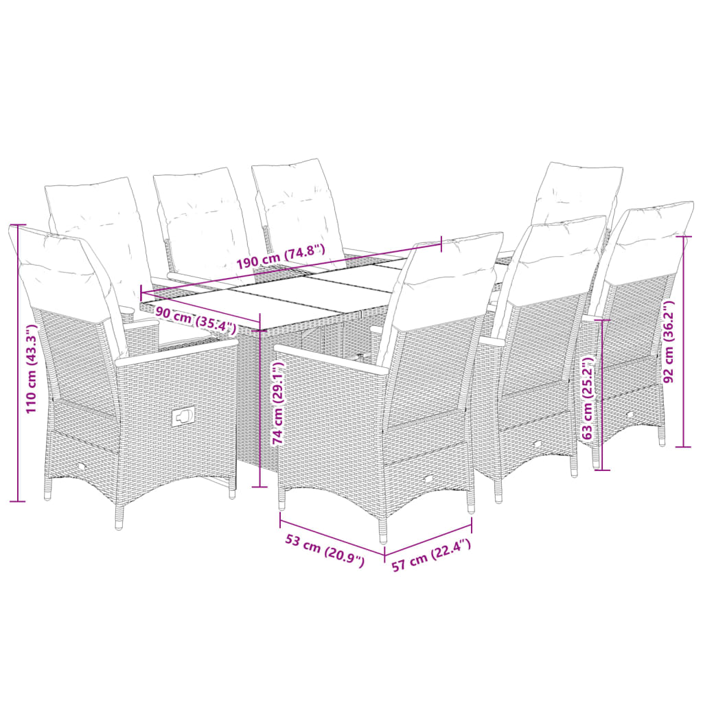 9-tlg. Garten-Essgruppe mit Kissen Grau Poly Rattan