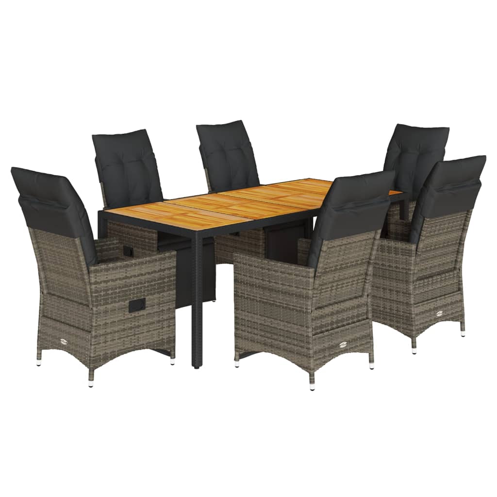 7-tlg. Garten-Bistro-Set mit Kissen Grau Poly Rattan