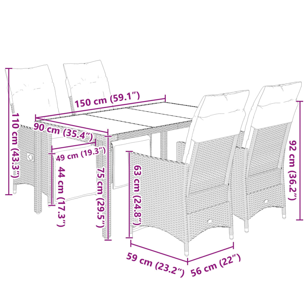 5-tlg. Garten-Bistro-Set mit Kissen Schwarz Poly Rattan